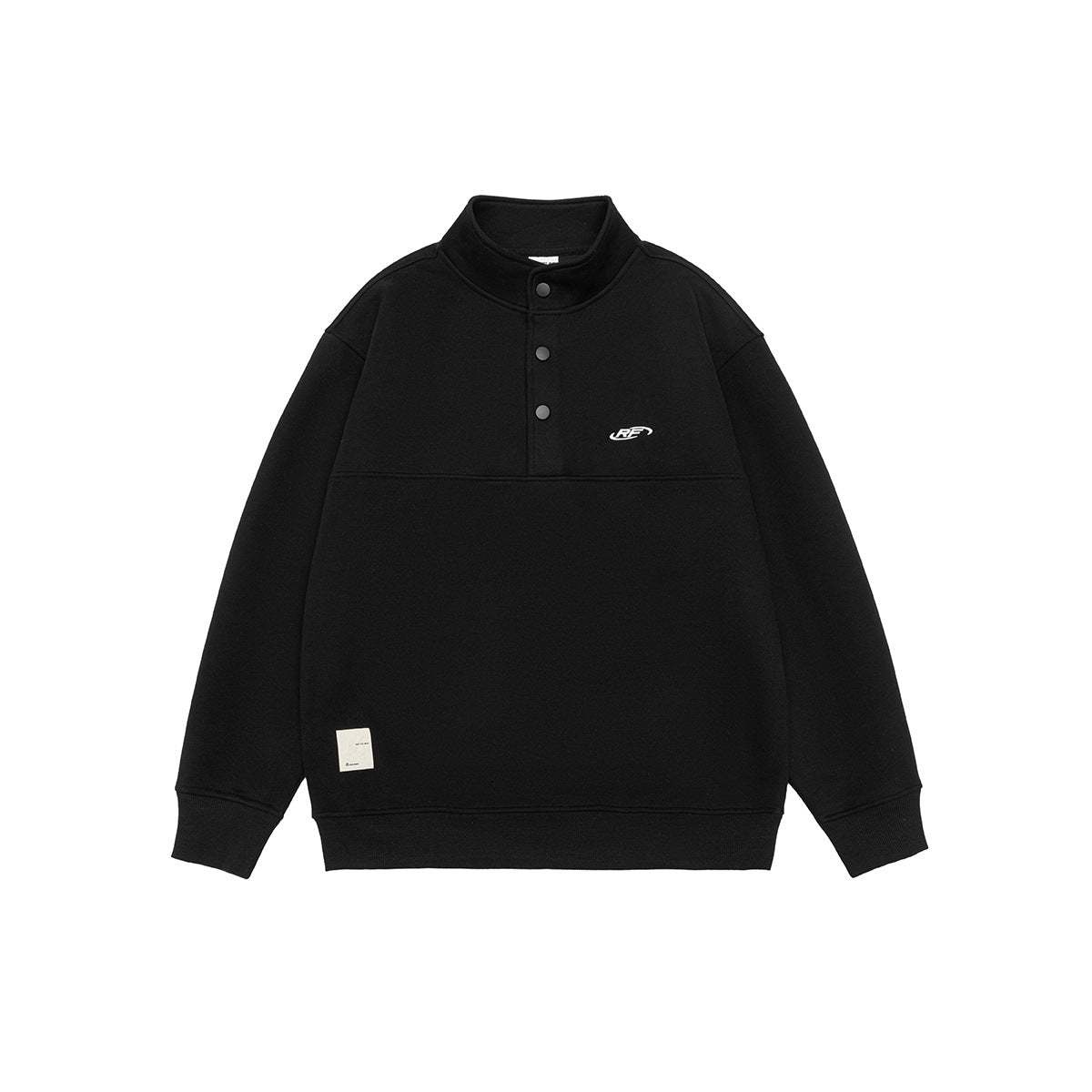 Black stand-collar snap-placket sweatshirt with chest logo and cream hem label, flat lay front view