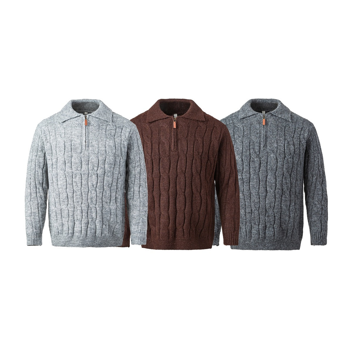 Three cable-knit zip-neck sweaters shown from the front in light gray, brown, and dark gray.