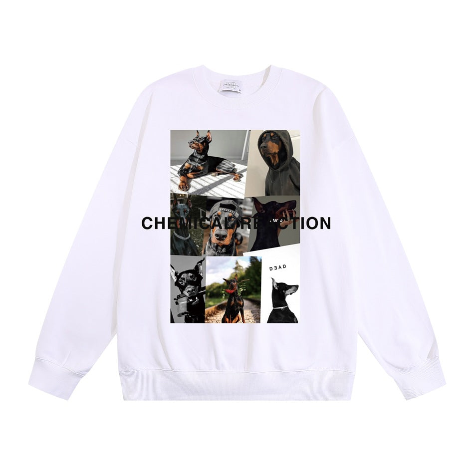 White crewneck sweatshirt with Doberman photo collage and black CHEMICAL REACTION text, flat lay front view