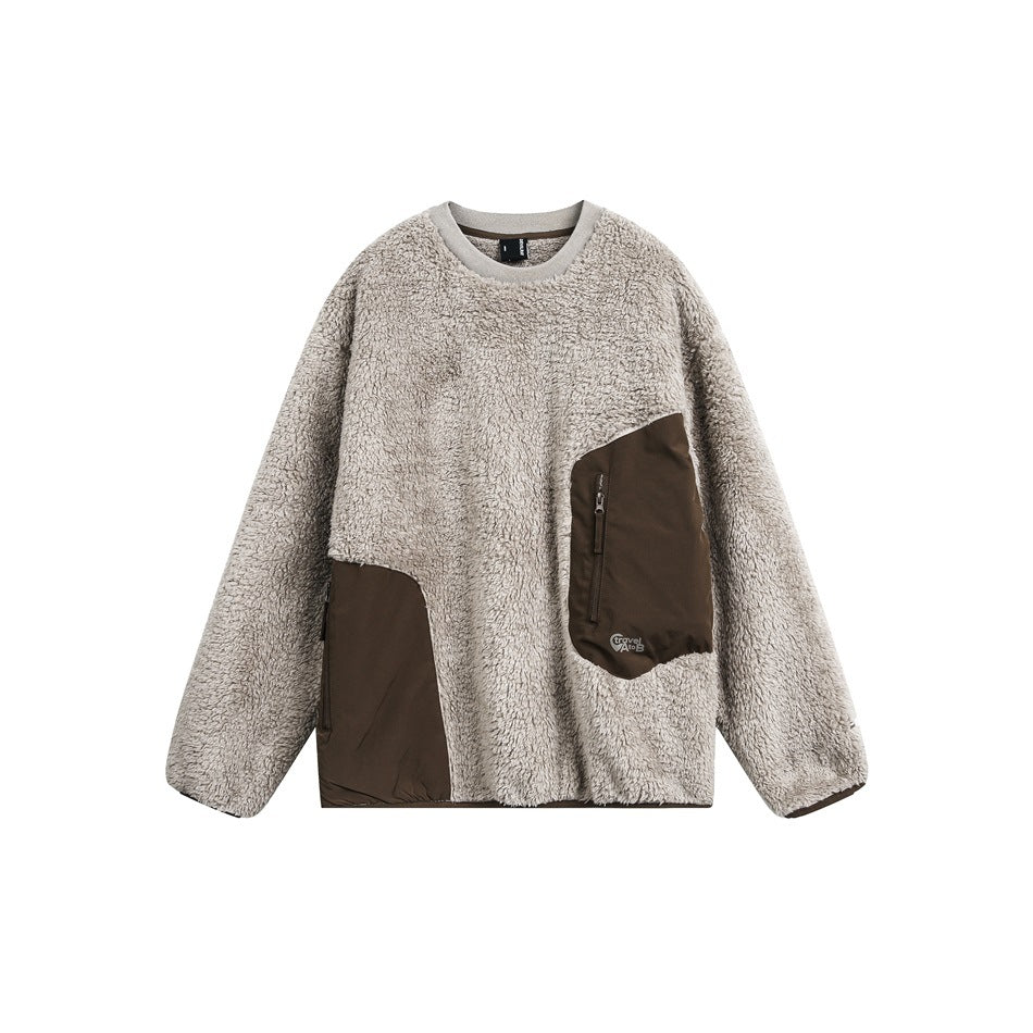 Taupe fleece-textured crew-neck pullover with brown angled zip chest pocket and brown side panel, flat front view