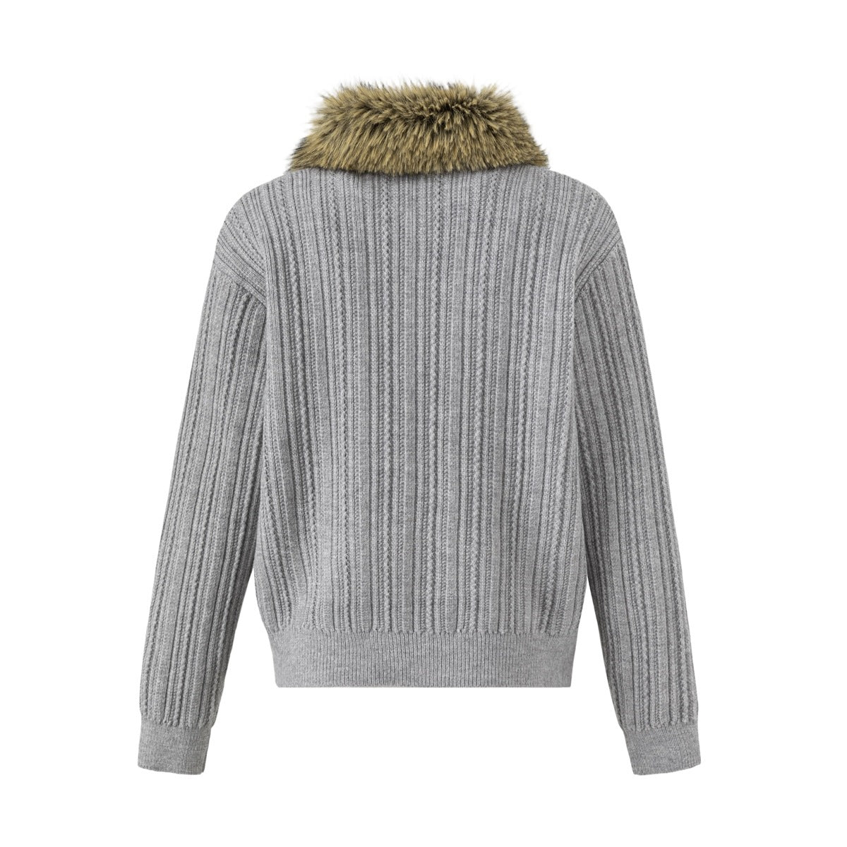Back view of gray ribbed knit sweater with olive-brown fur-style collar, flat lay