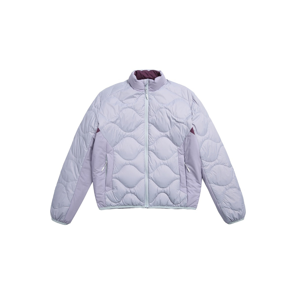 Purple quilted stand-collar zip jacket with wavy channel quilting and contrast side panels, flat front view