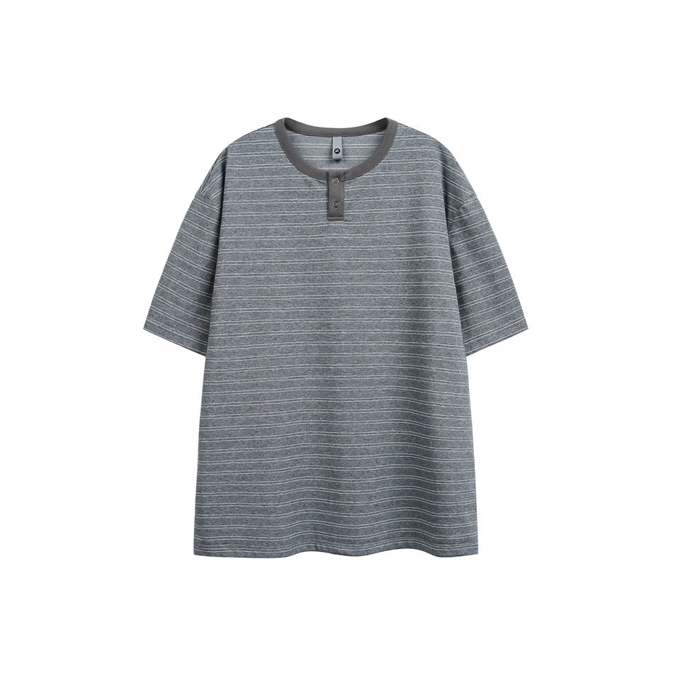 Gray striped short-sleeve Henley T-shirt with dark gray ribbed neckline and two snaps, flat front view