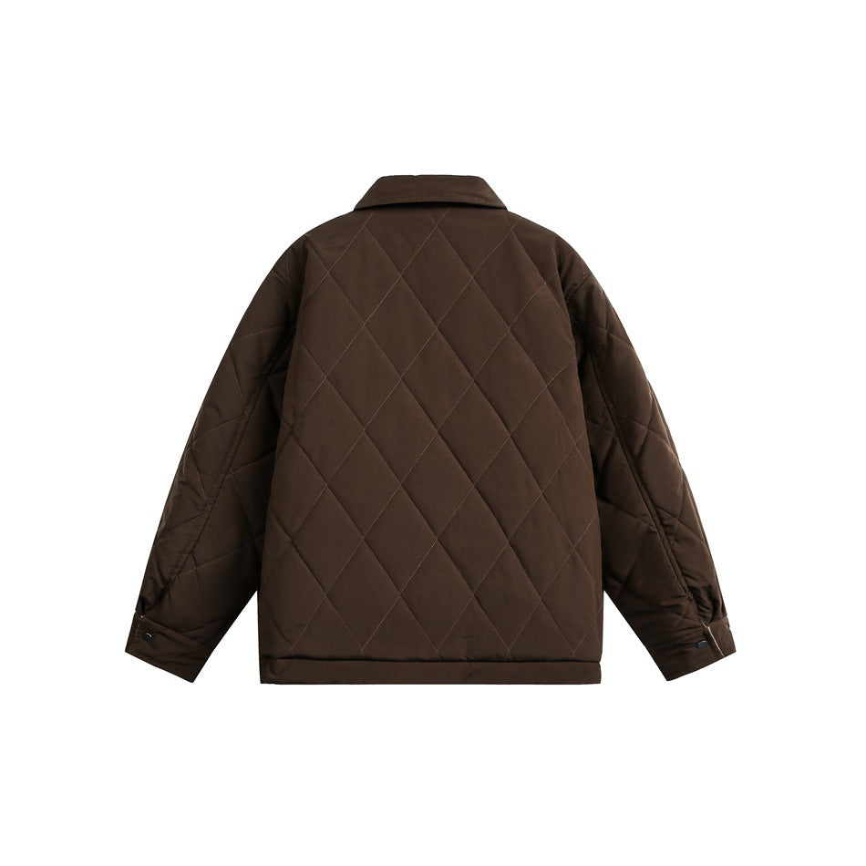 Back view of a dark brown quilted jacket with diamond stitching, a pointed collar, and buttoned cuffs.