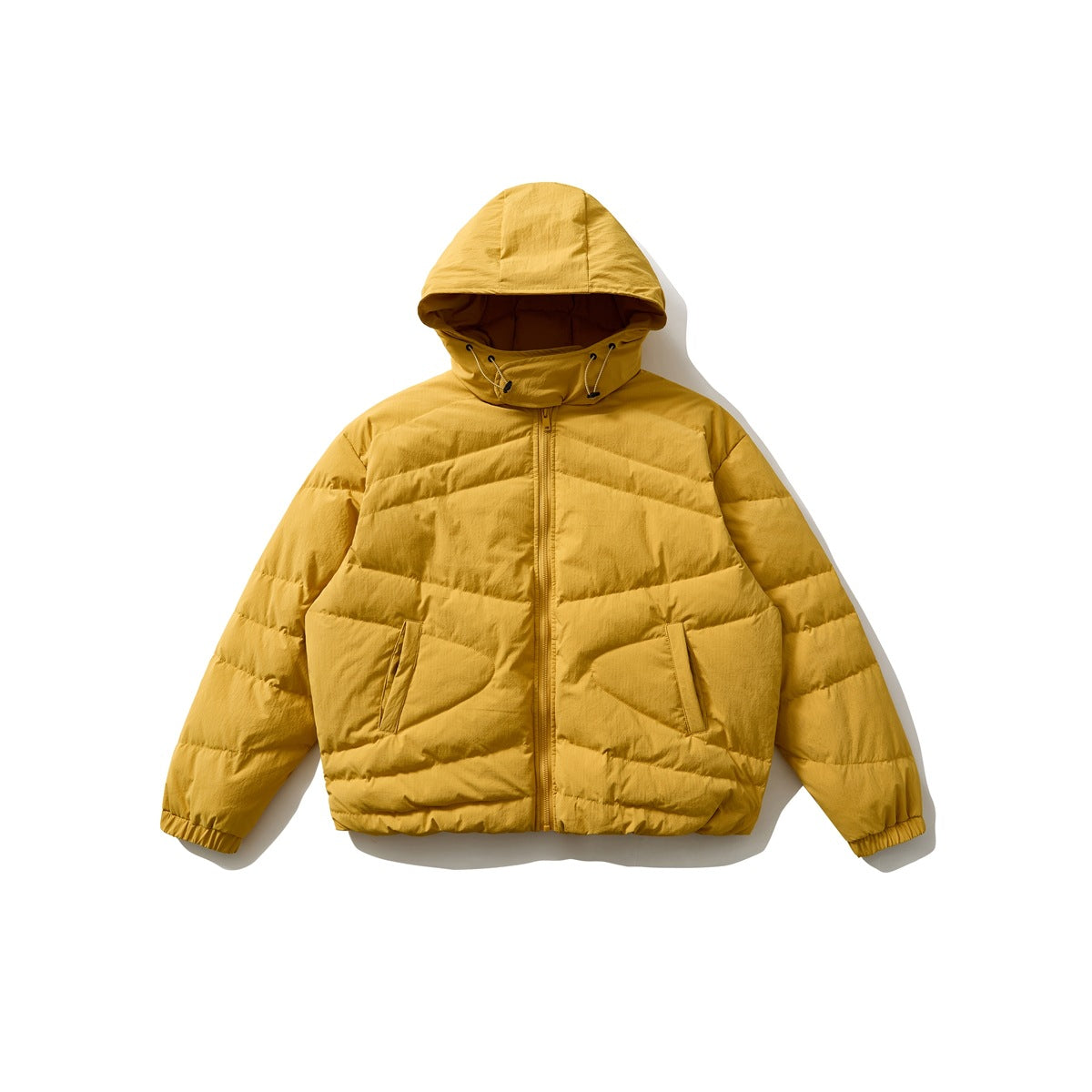 Mustard yellow hooded quilted puffer jacket, flat lay, front view with front zipper and slanted pockets