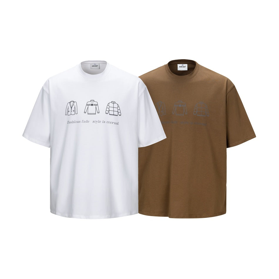 White and brown short-sleeve crew-neck T-shirts with small jacket illustrations and text on the chest.