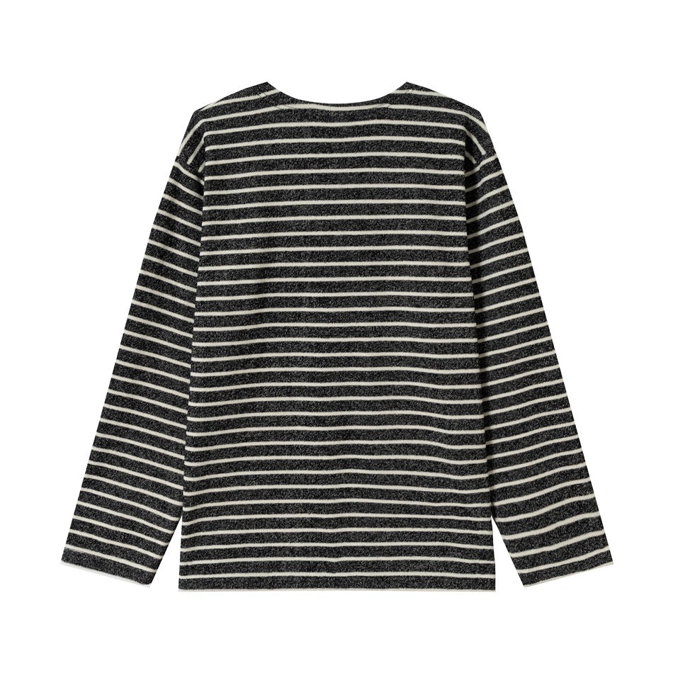 Front view of a dark charcoal long-sleeve top with narrow cream horizontal stripes and a wide round neckline.