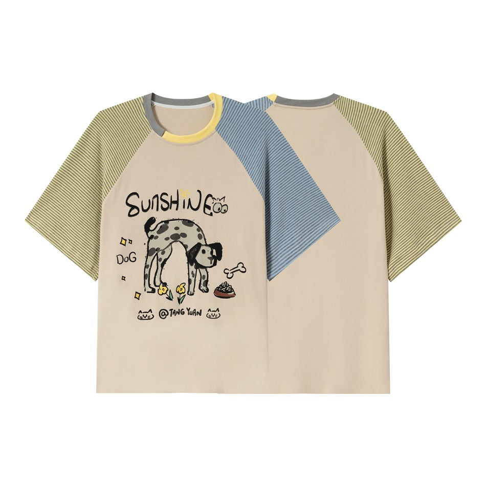 Beige raglan T-shirt shown front and back, with striped sleeves and a dog illustration printed on the front.