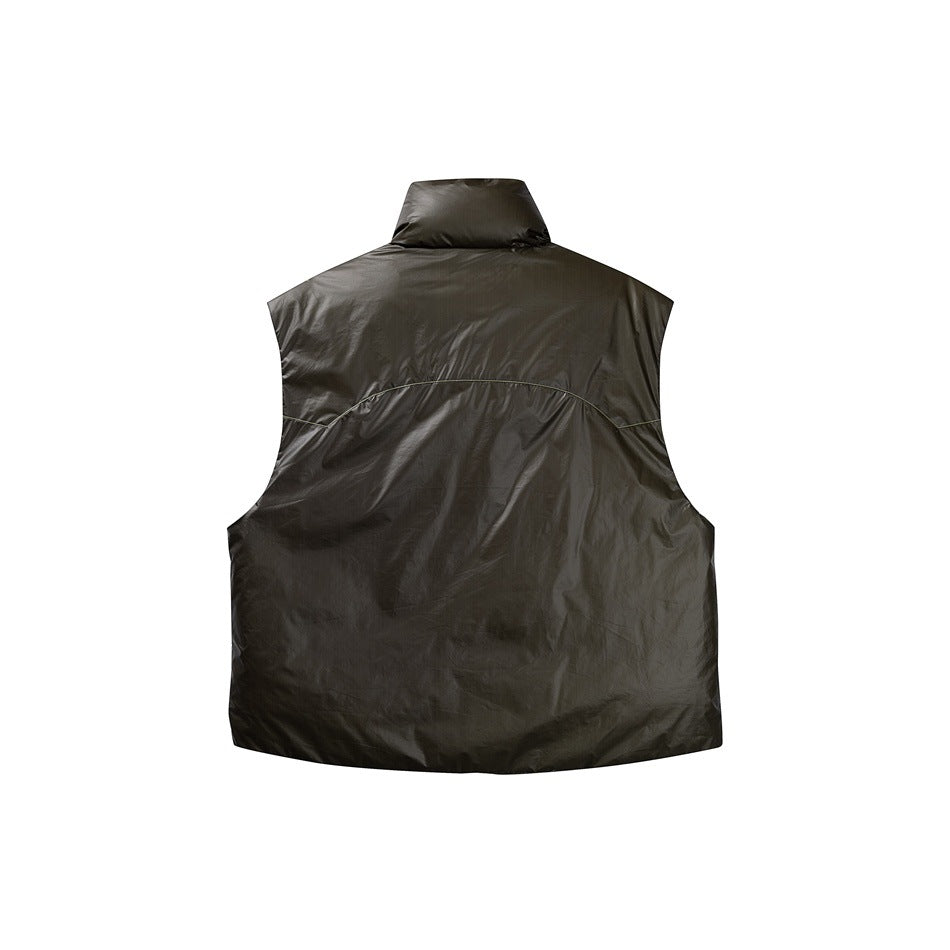 Back view of a dark charcoal sleeveless vest with a stand collar and curved upper-back seam.
