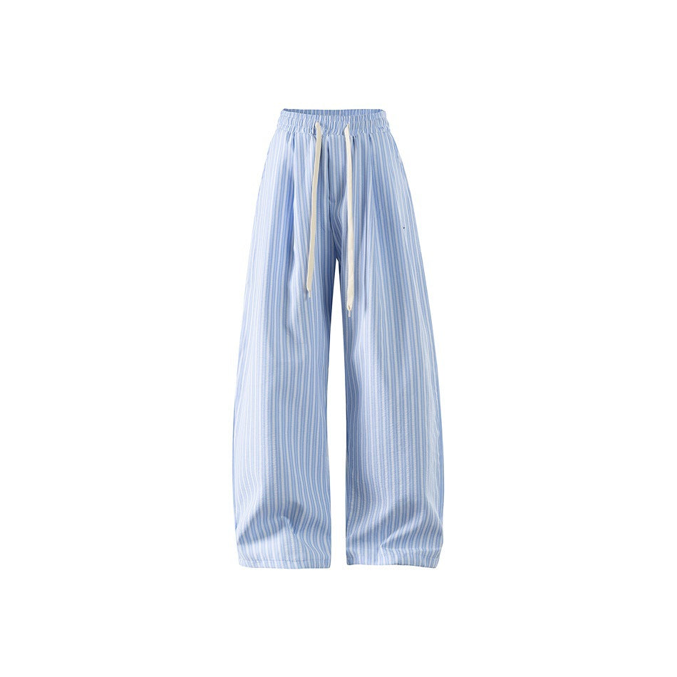 Light blue striped wide-leg drawstring pants, front view on white background