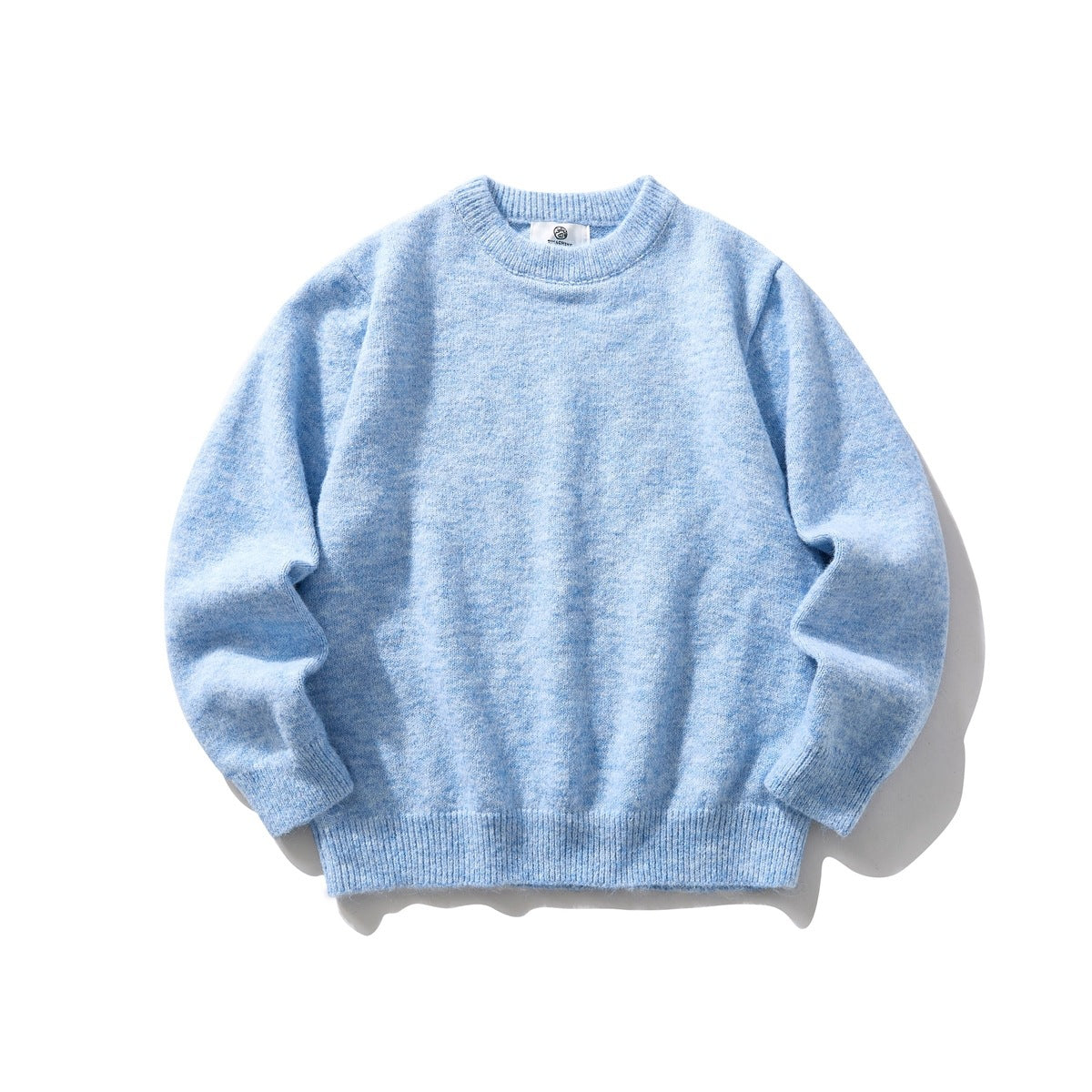 Light blue heathered crewneck sweater with ribbed collar, cuffs and hem, flat lay front view