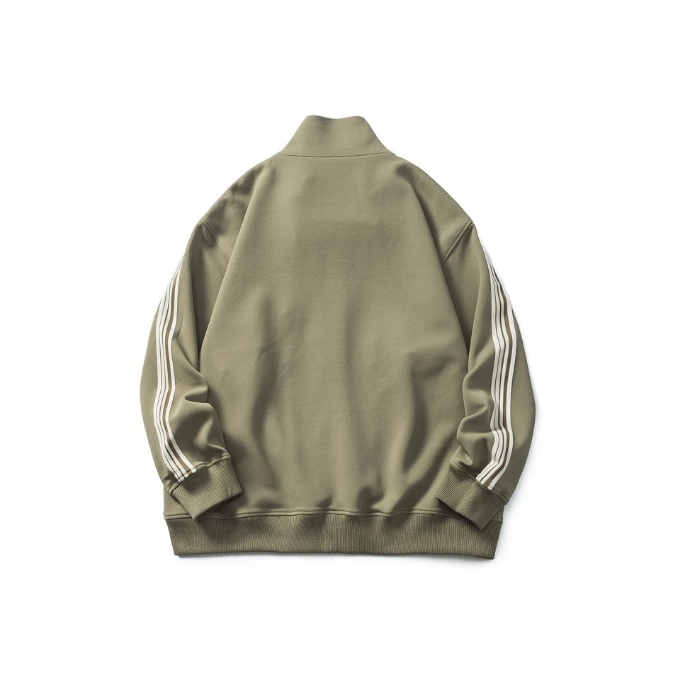 Back view of an olive zip jacket with cream sleeve stripes, ribbed cuffs and hem.