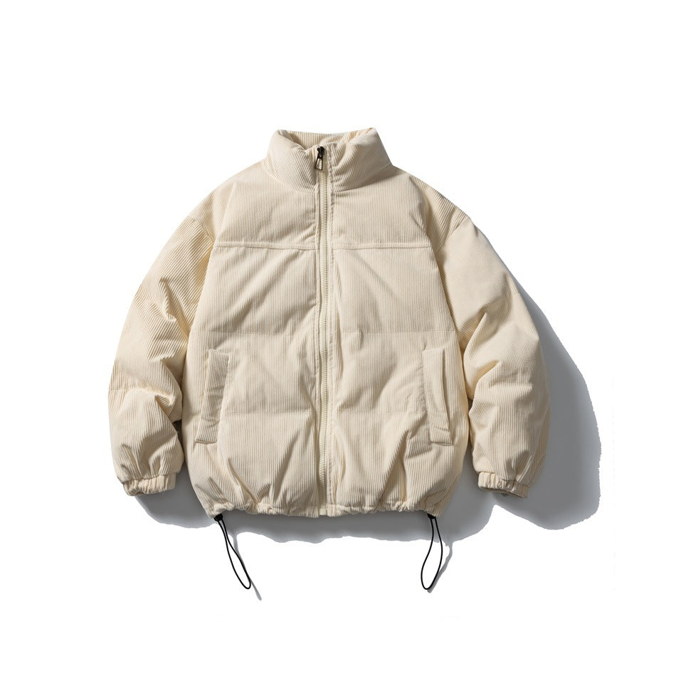 Beige corduroy-look puffer jacket with stand collar, front zipper, side pockets and drawcord hem, flat lay