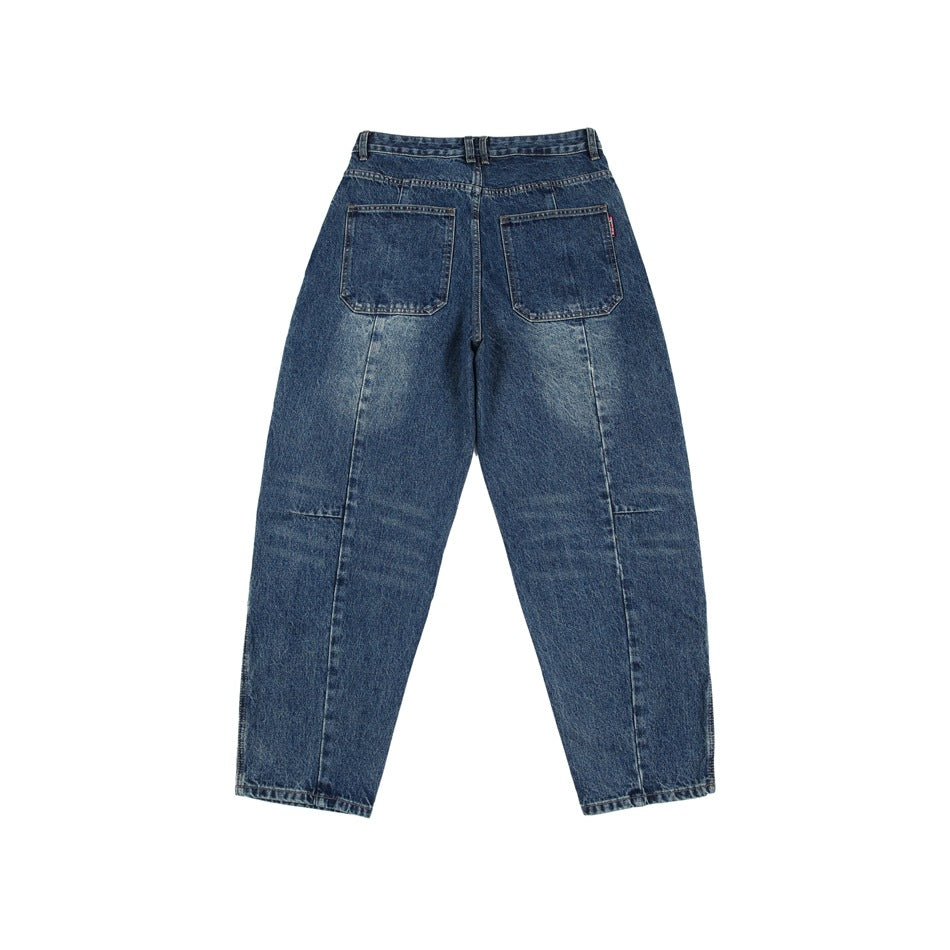 Back view of dark blue jeans with two rear pockets and a relaxed tapered leg.