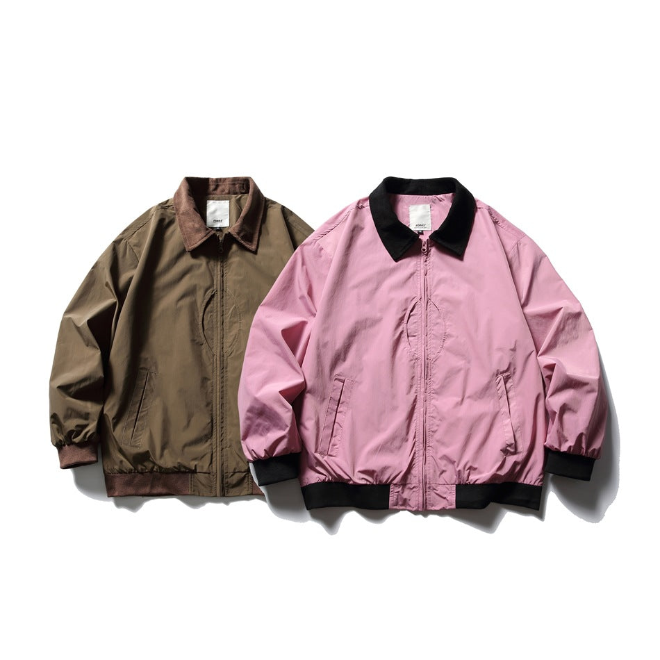 Two zip-front jackets displayed together: dark brown with a brown collar and pink with black collar and trim.