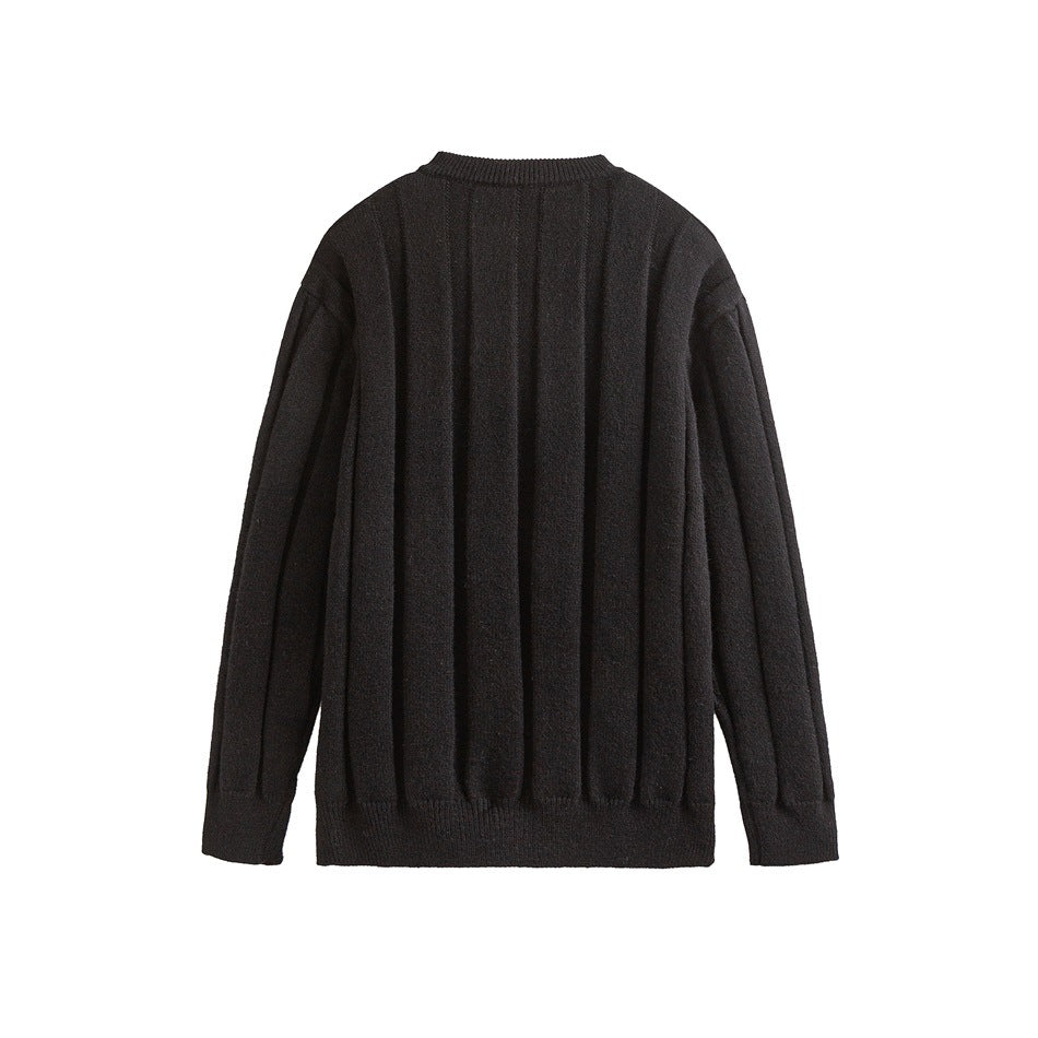 Back view of a black long-sleeve knit sweater with vertical textured panels and ribbed crew neck, cuffs, and hem.