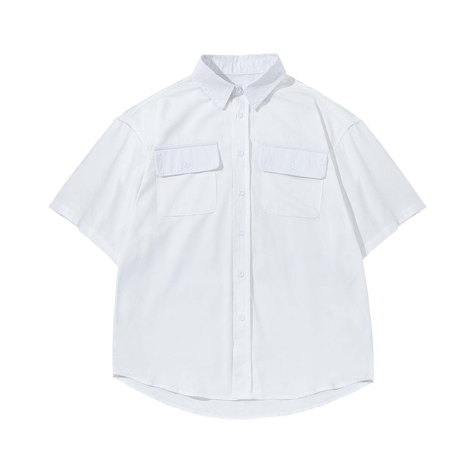 White short-sleeve button-up shirt with two flap chest pockets, flat lay front view