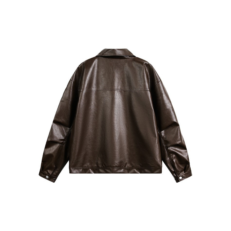 Back view of a dark brown jacket laid flat, with long sleeves and a pointed collar.