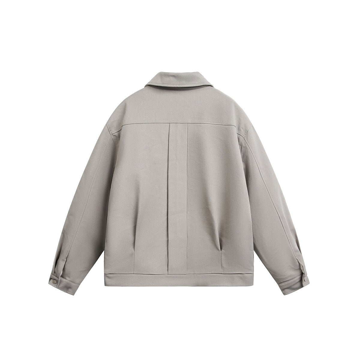 Back view of a light gray jacket laid flat, showing a pointed collar, panel seams, cuffs, and straight hem.