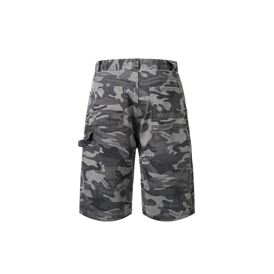 Full rear view of gray camouflage shorts laid flat, with two patch pockets and a side flap pocket.