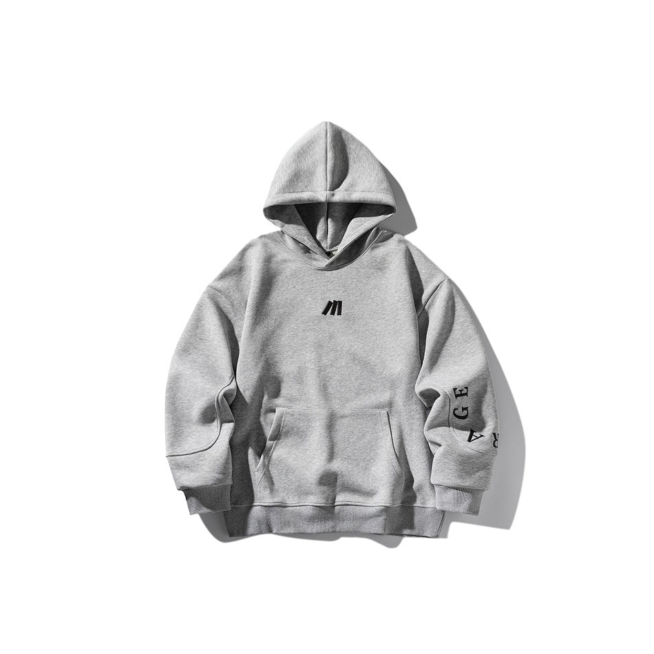 Light gray pullover hoodie flat lay with kangaroo pocket, ribbed cuffs and hem, and small black chest logo