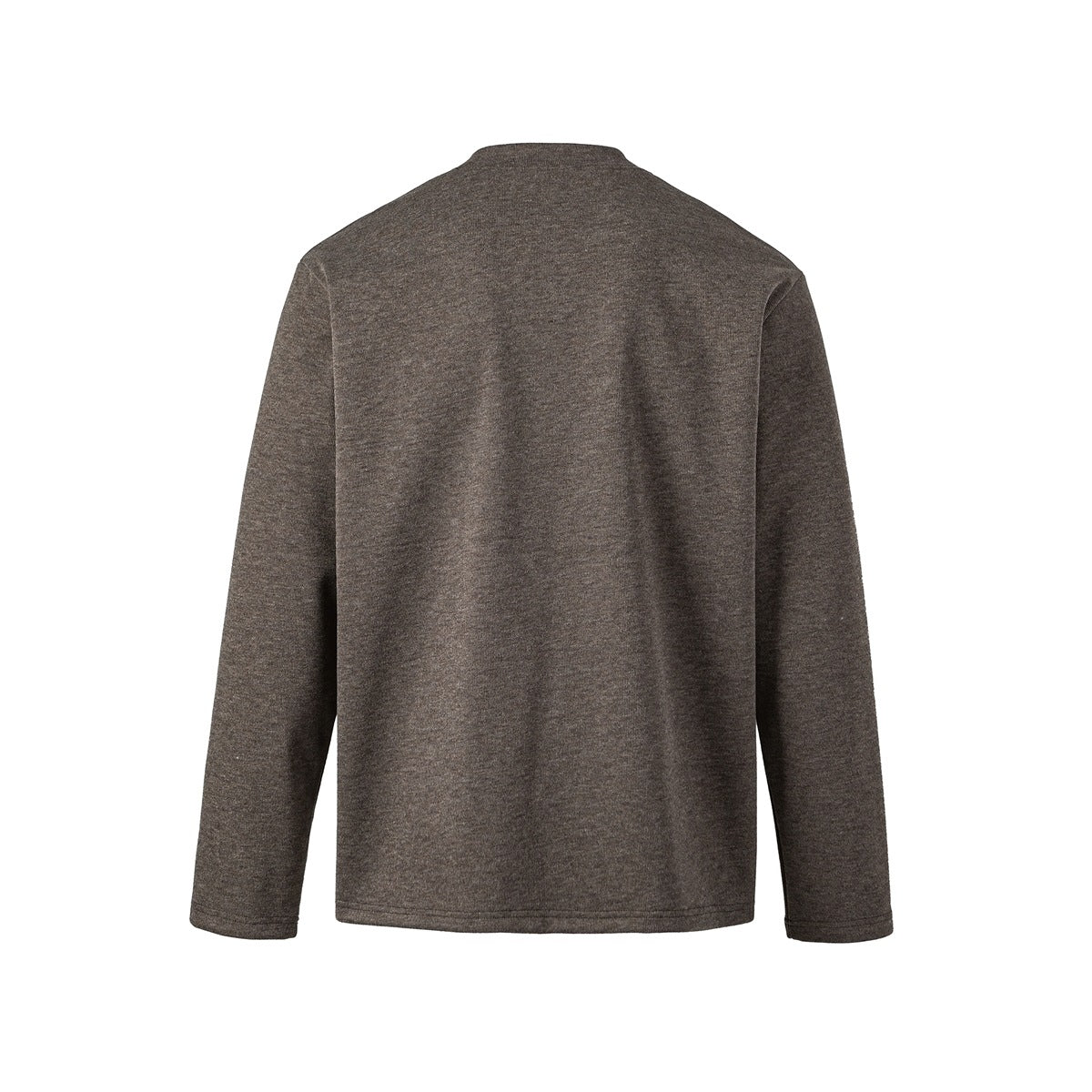 Back view of a taupe heathered long-sleeve mock-neck shirt with a plain design.