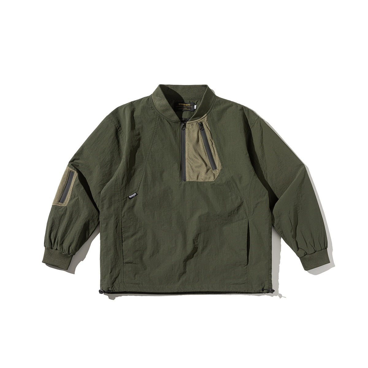Olive green half-zip pullover jacket flat lay with khaki mesh chest panel, sleeve pocket, ribbed cuffs and drawcord hem