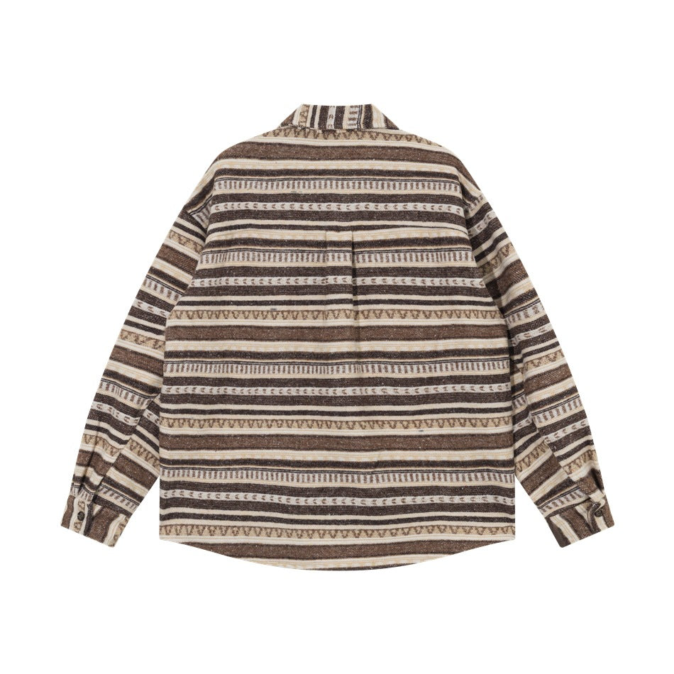 Back view of a brown, cream, and tan geometric-striped long-sleeve button-up shirt.