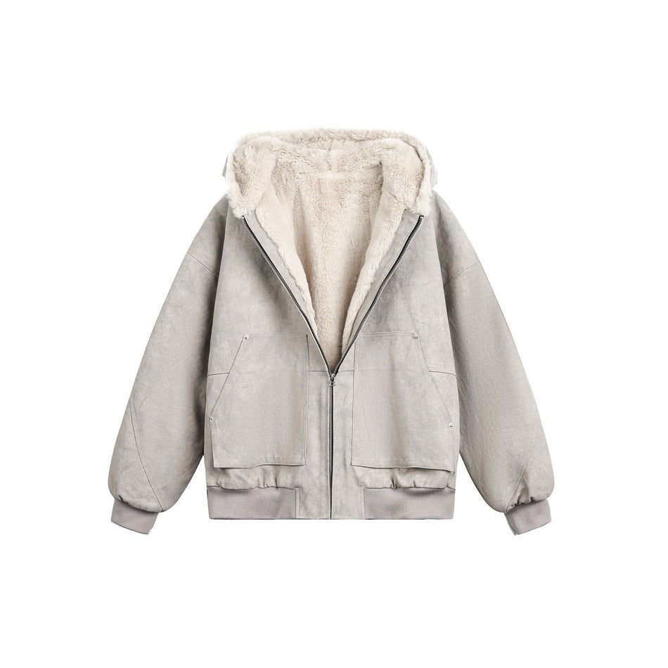 Front flat-lay of a taupe hooded jacket with cream plush lining, a zip closure, and two large pockets.