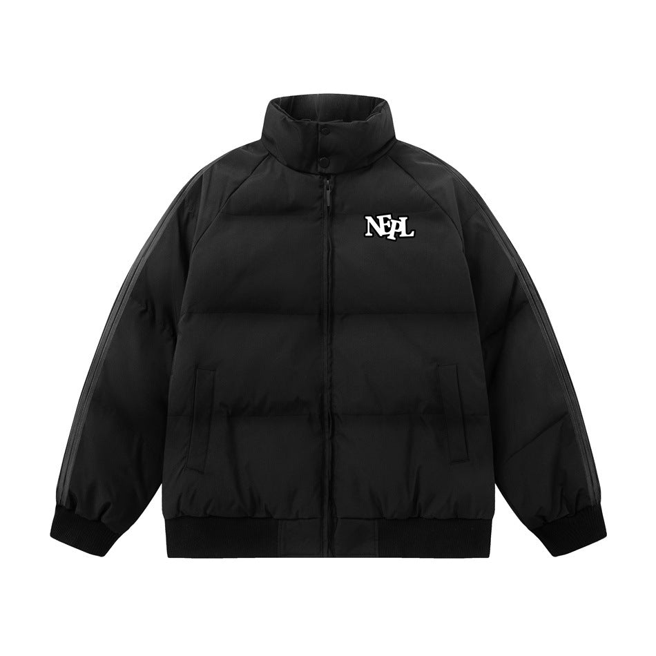 Black padded jacket front with high snap collar, center zipper, side pockets, ribbed cuffs and hem, and white chest