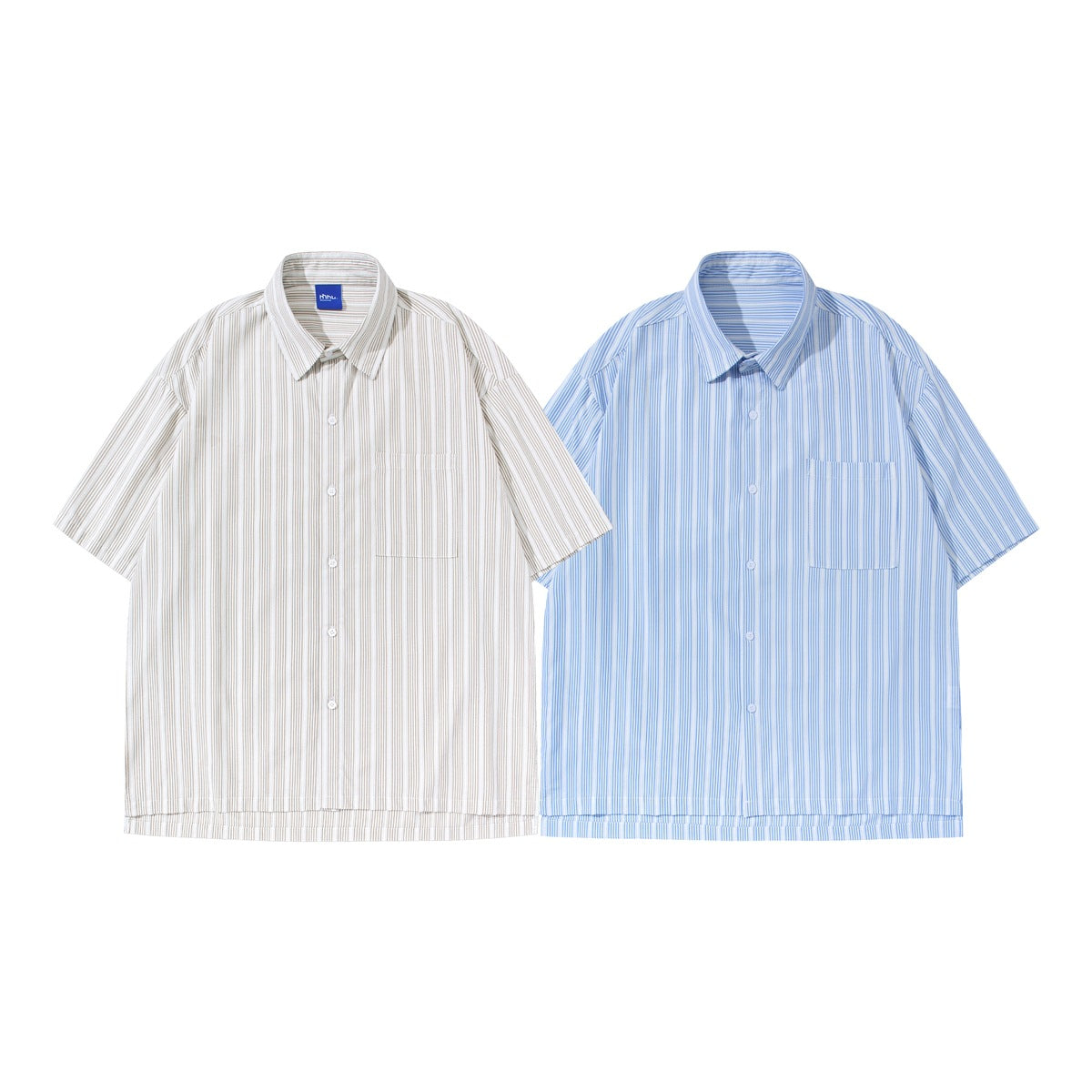 Two short-sleeve button-up shirts with chest pockets, shown flat from the front in beige-and-white and blue-and-white