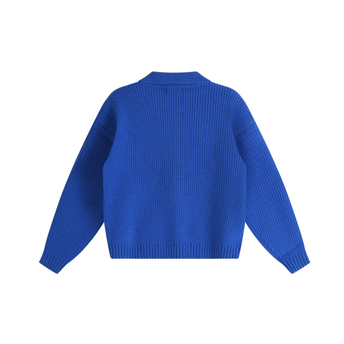 Back view of a vivid blue textured knit cardigan with long sleeves and ribbed hem and cuffs.