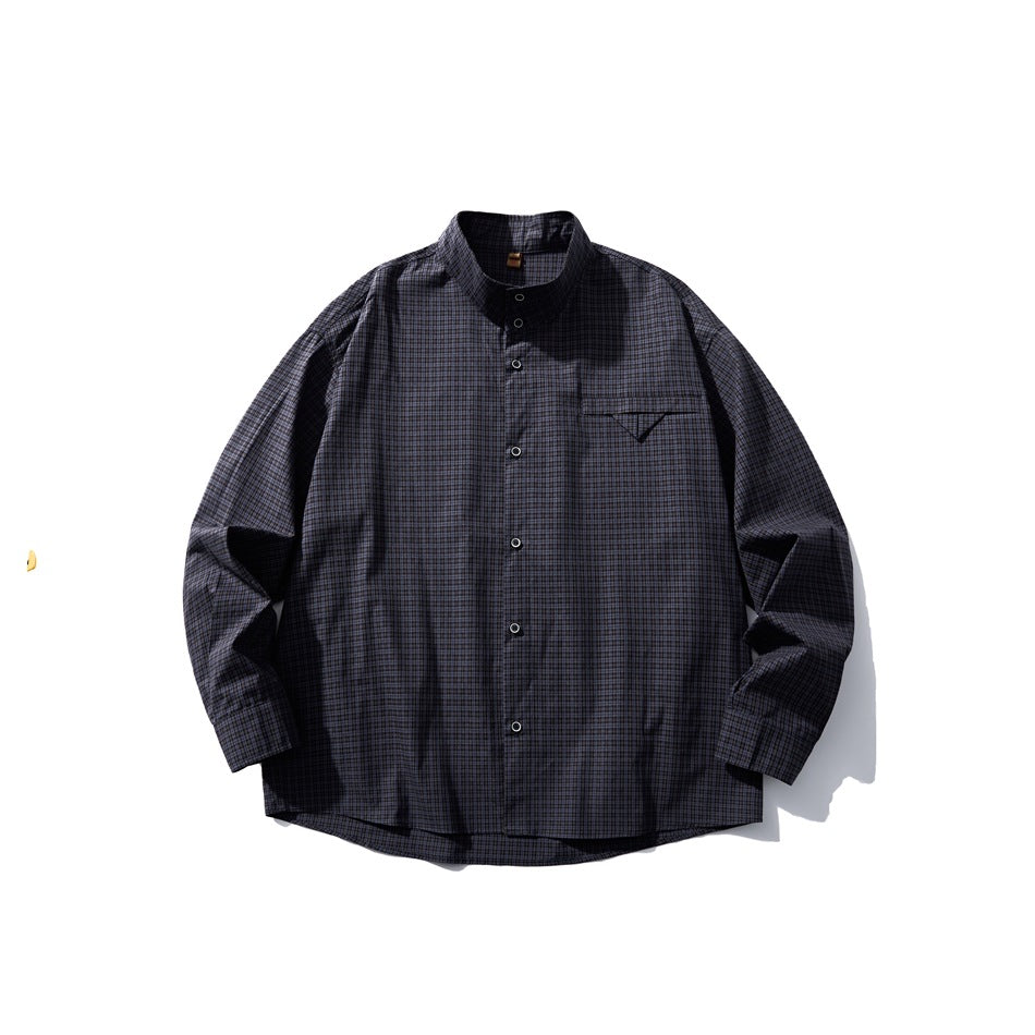 Navy small-check plaid long-sleeve shirt with stand collar, button front and chest flap pocket, flat lay