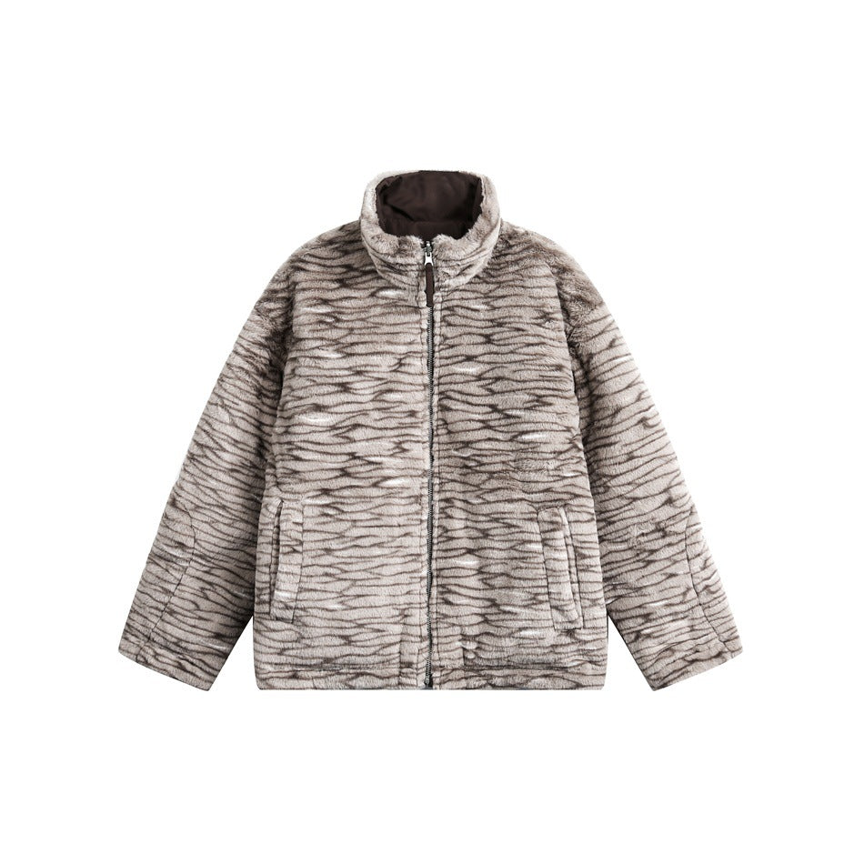 Front view of a gray-and-brown patterned plush jacket with a stand collar, full zipper, and two pockets.