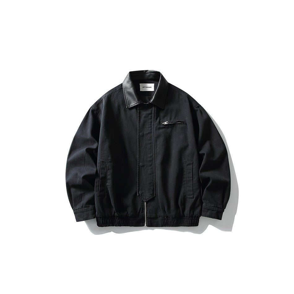 Black collared zip jacket with black faux-leather-look collar, chest zip pocket, side pockets and elastic hem, flat lay