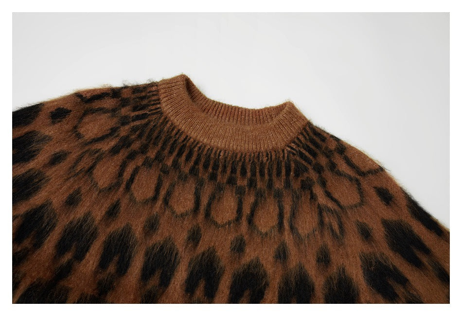 Close-up of the brown ribbed crew neckline and black animal-patterned yoke.