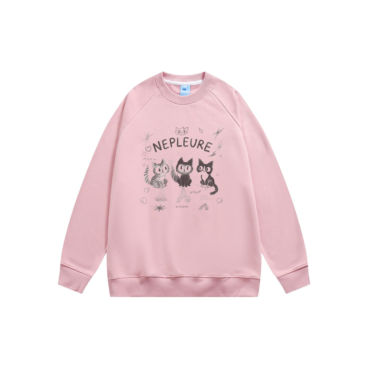 Pink crew-neck raglan sweatshirt flat lay with a three-cat sketch print and NEPLEURE lettering