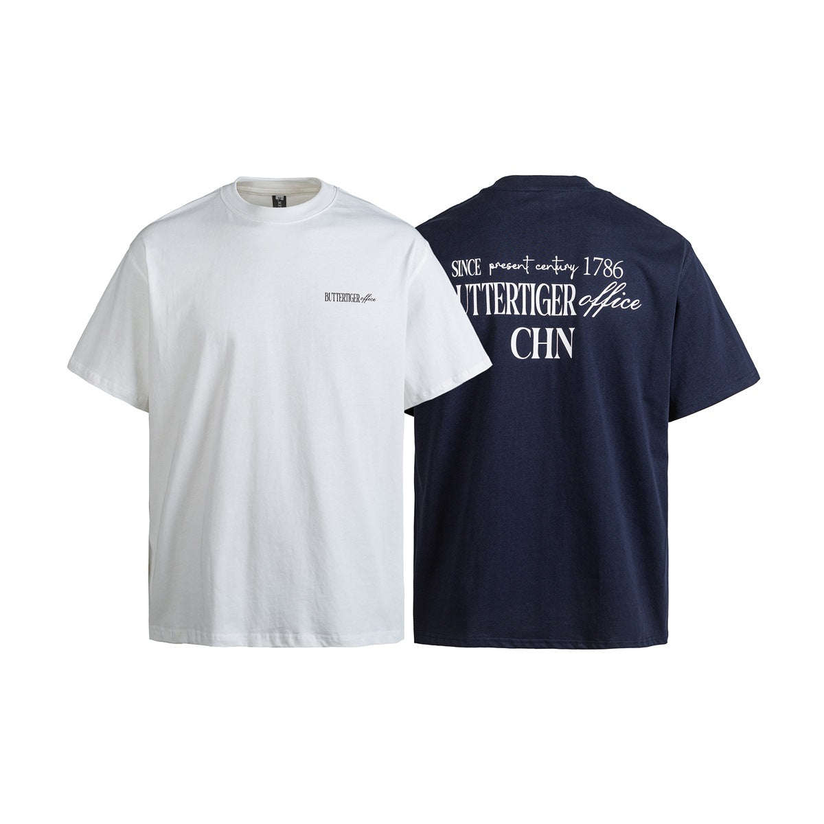 White T-shirt front with small chest lettering and navy T-shirt back with a large white text print.