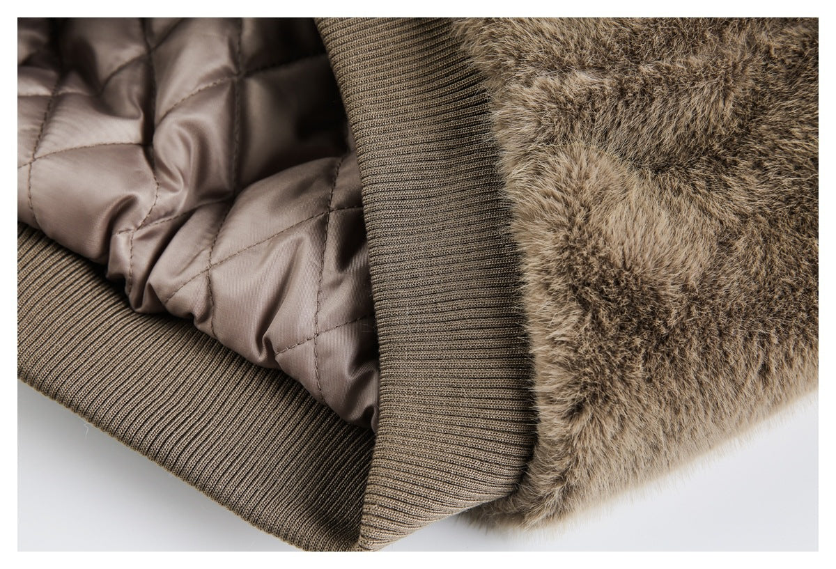 Close-up showing brown faux fur, ribbed knit edging, and quilted taupe lining.