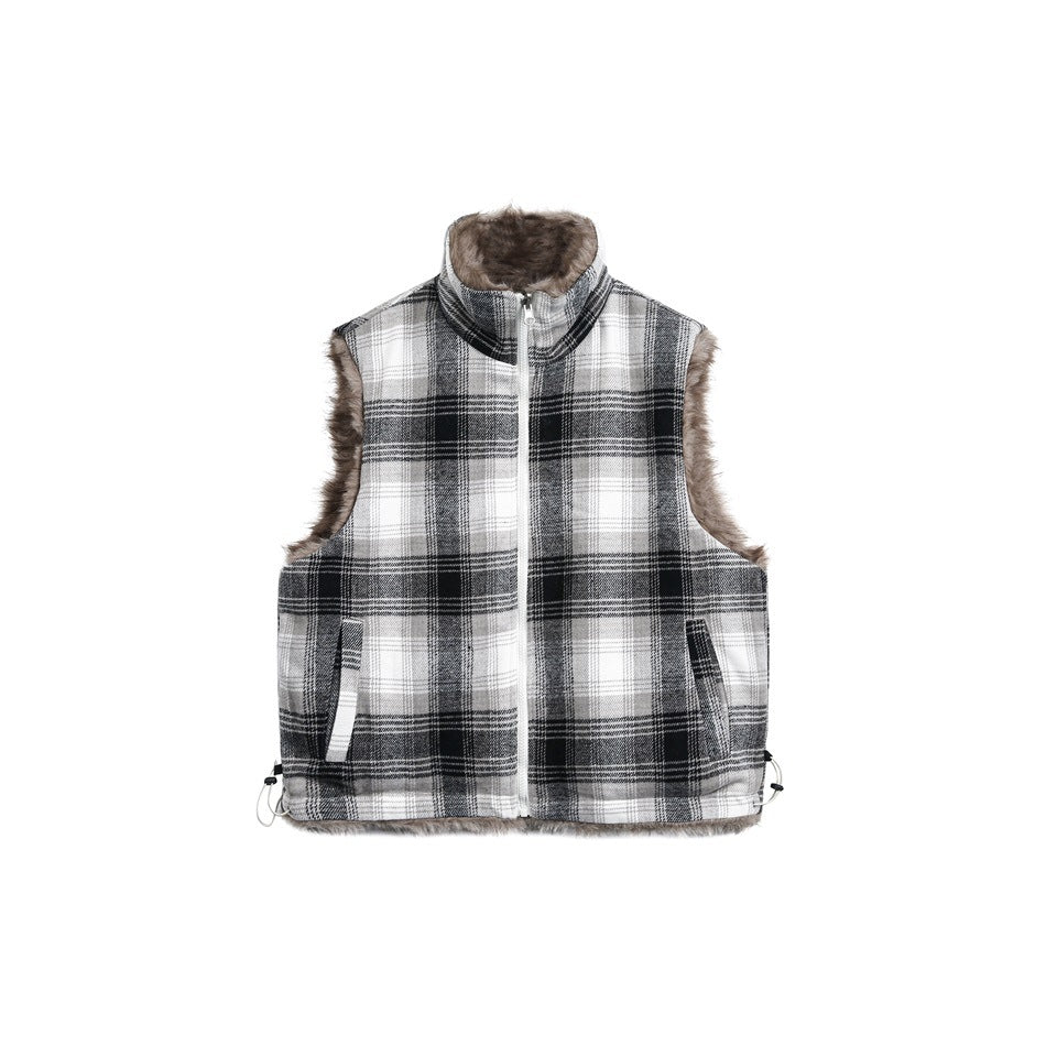 Black, white and grey plaid zip-front vest with stand collar, plush pile edges, slanted pockets and hem drawcords