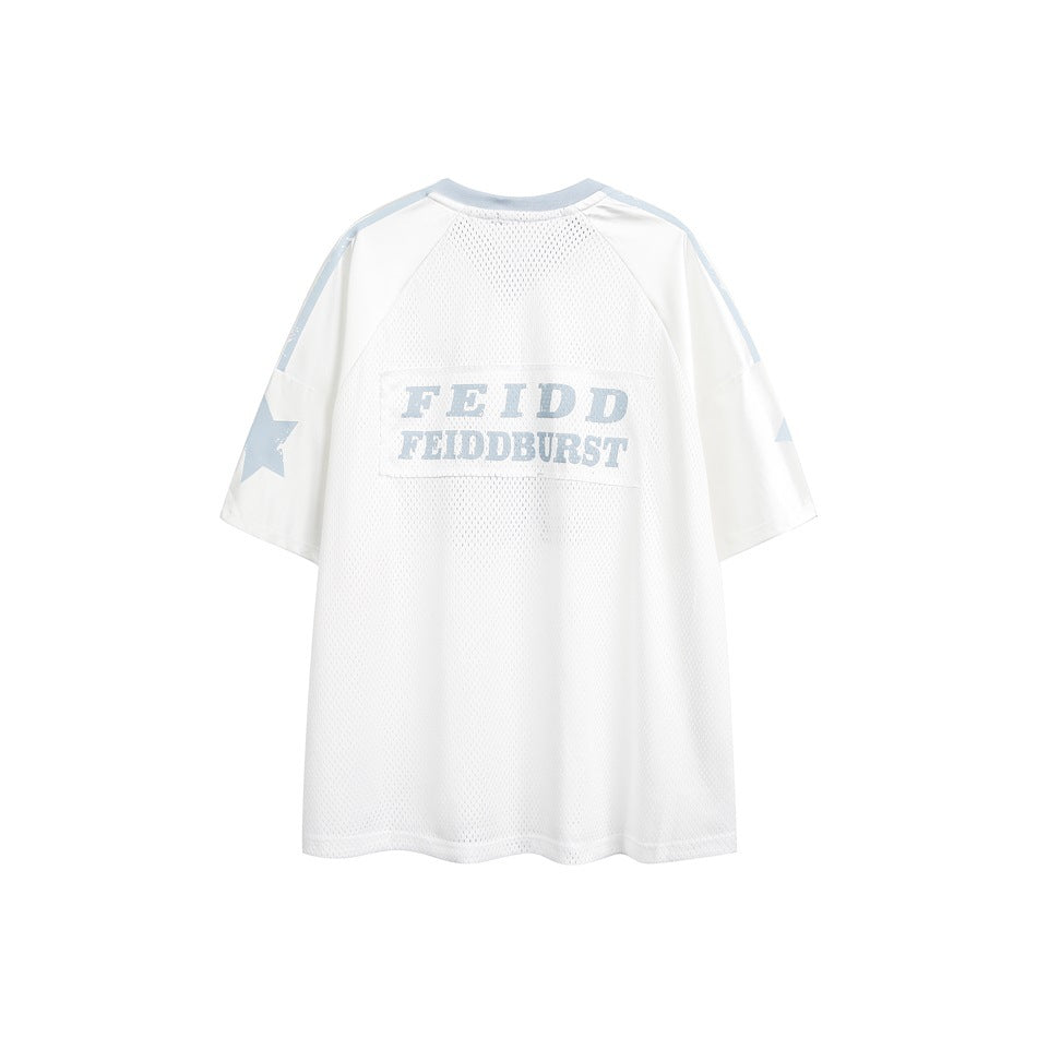 Back of a white mesh jersey with pale blue shoulder stripes, star sleeve graphics, and a two-line text graphic.