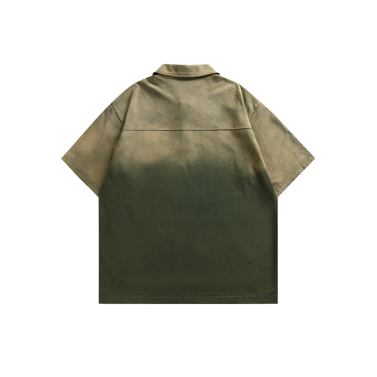 Back view of an olive short-sleeve collared shirt with a horizontal yoke seam and lighter upper section.