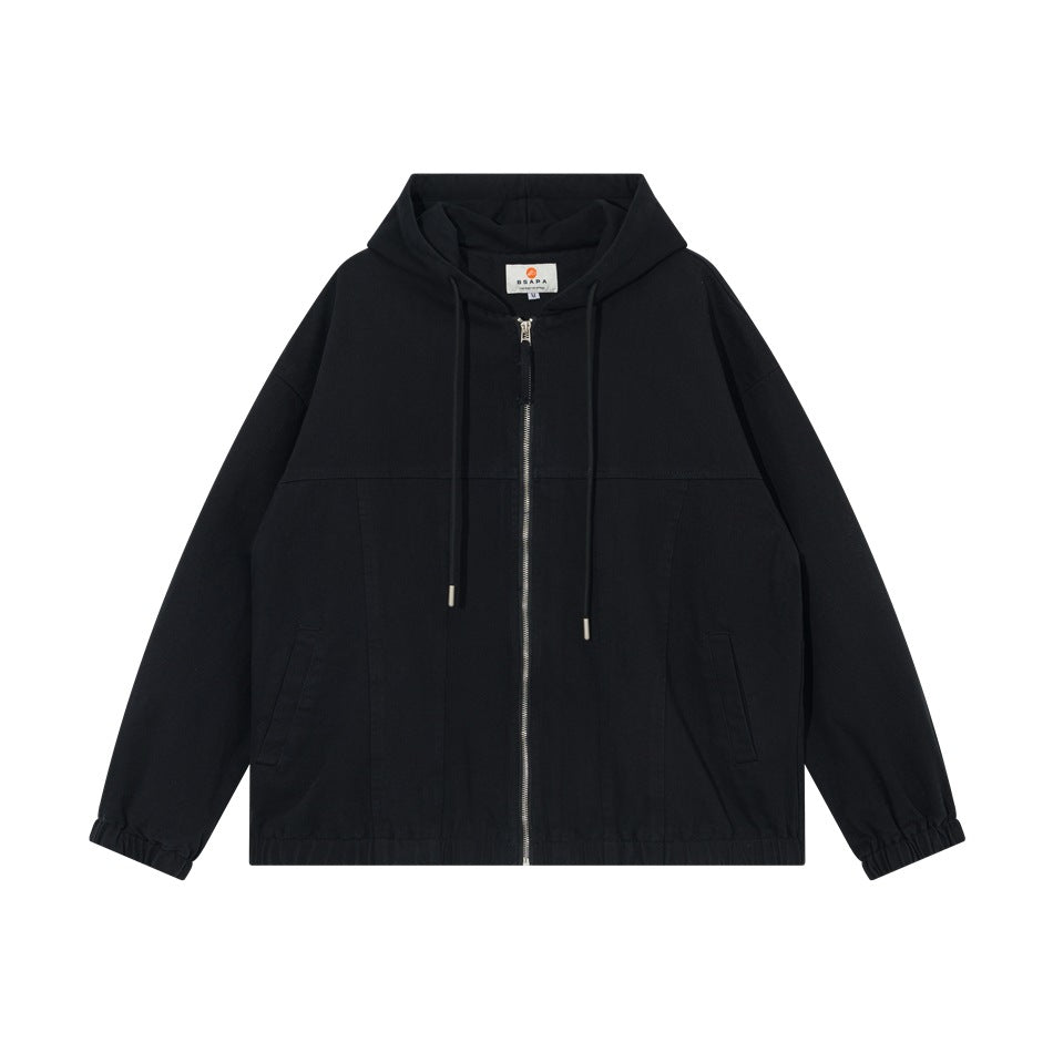 Black zip-up hooded jacket with drawstrings, slanted front pockets and elastic cuffs and hem, flat front view