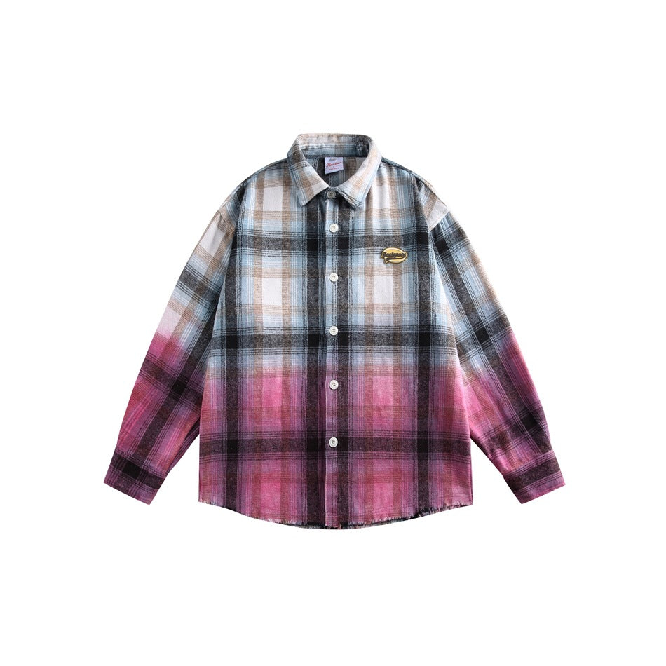 Flat front view of a gradient plaid long-sleeve shirt, blue and white checks fading to pink, with frayed hem