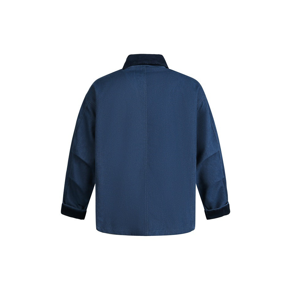 Back view of a dark blue jacket with a black collar and turned-up cuffs, displayed against a white background.