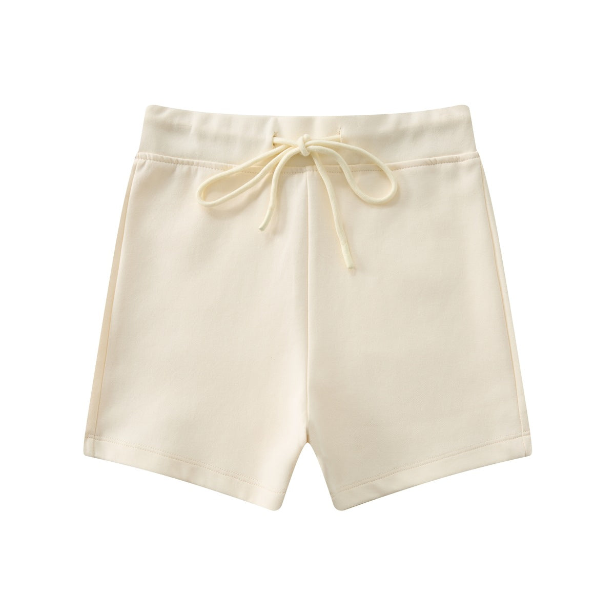 Beige drawstring shorts with a wide waistband, flat front view