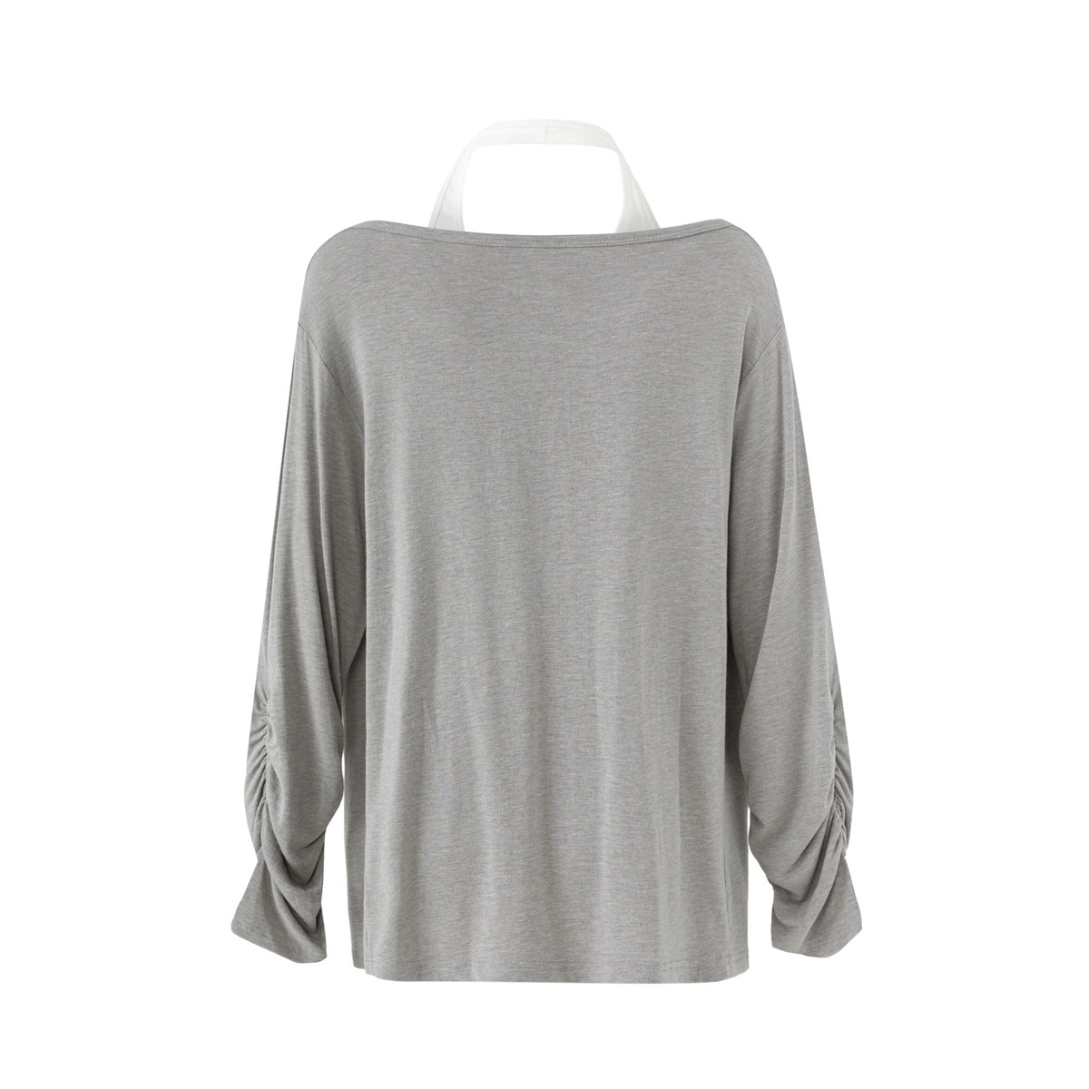 Back view of a light gray loose long-sleeve top with a wide neckline and gathered sleeves; white straps show behind the neck.
