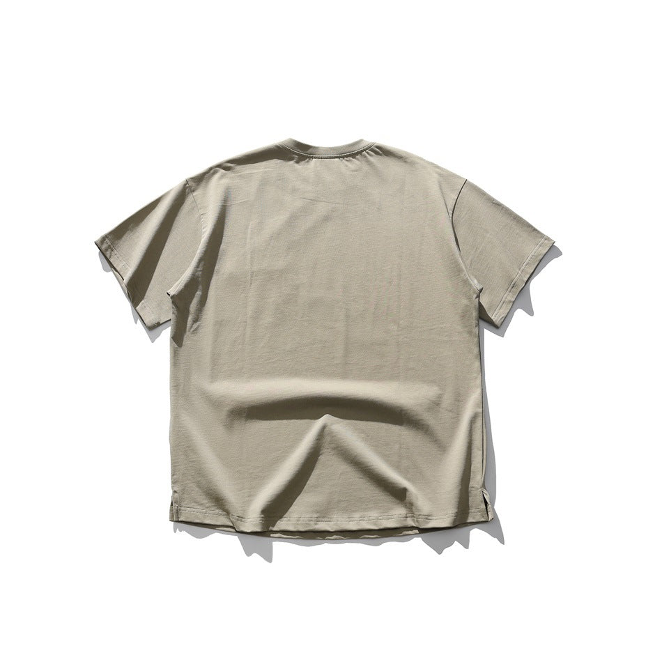 Back view of grayish green short-sleeve crew-neck T-shirt, plain with no print, flat lay