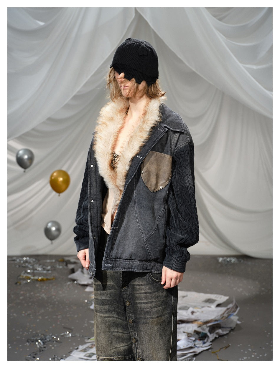 Model wearing a charcoal denim jacket with black cable-knit sleeves, a cream fur collar, and a brown chest pocket.