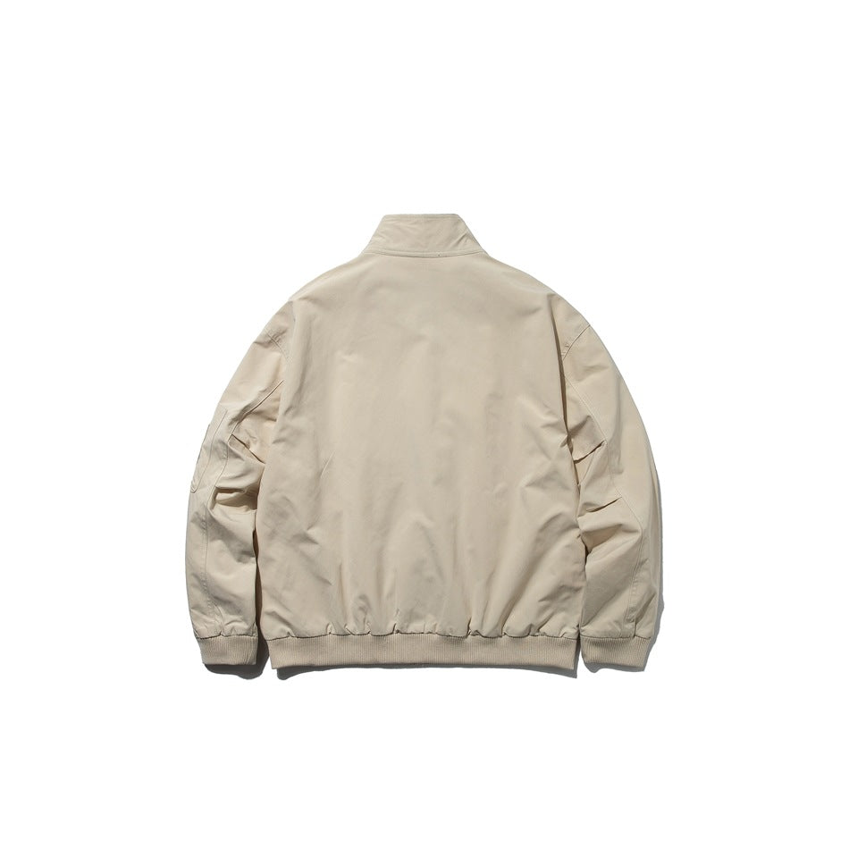 Khaki stand-collar jacket back view with plain back panel, ribbed cuffs and hem, and sleeve pocket